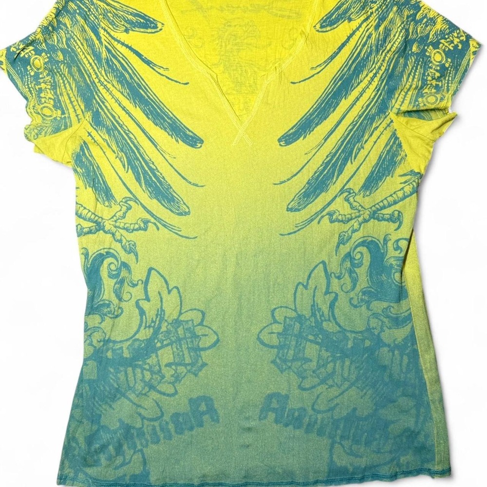Y2K wings baby style tee - Yellow and blue vintage Seven7 eagle print top XL
